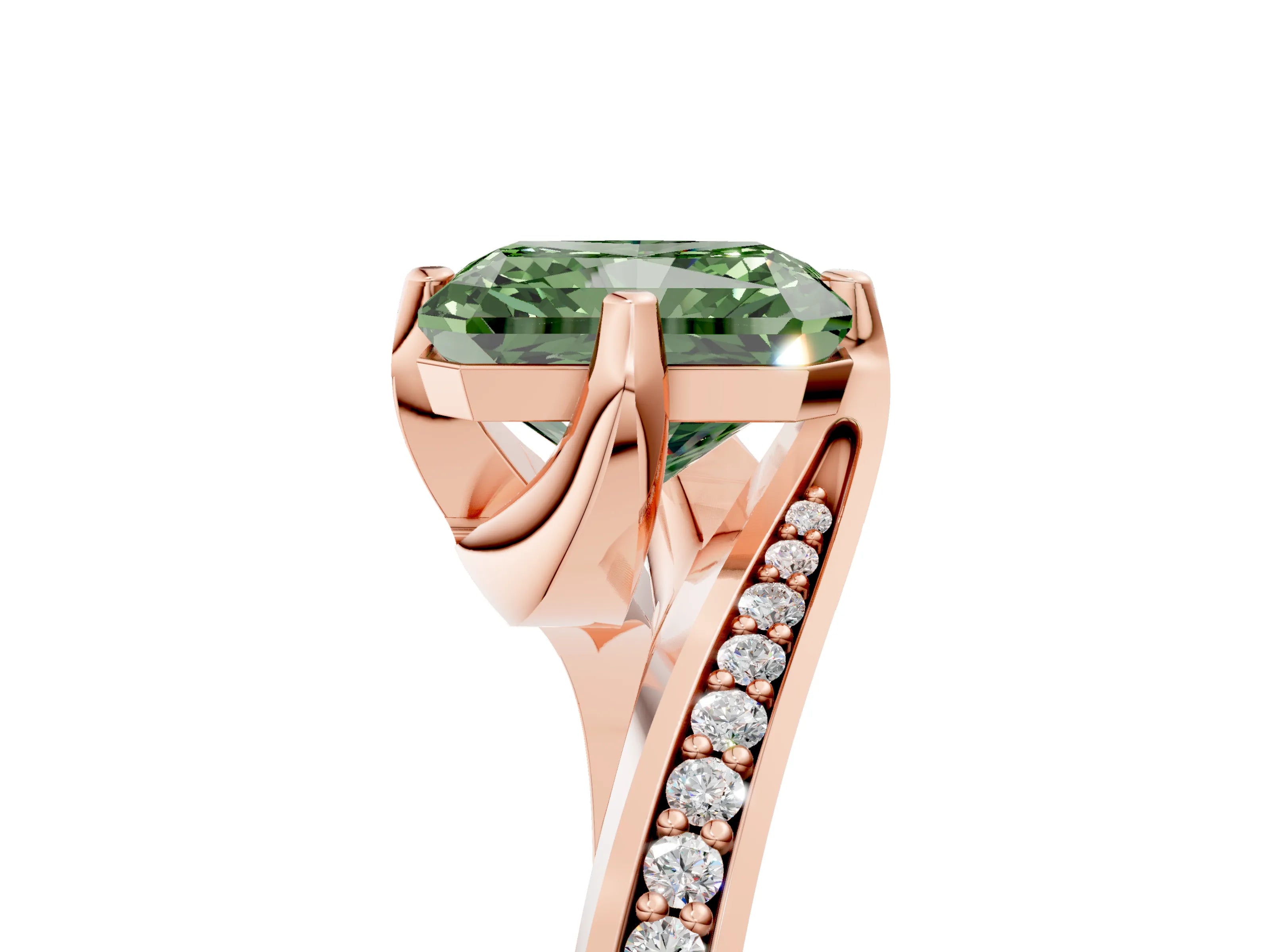Rose gold Fancy Green Radiant Cut Solitaire Diamond Twist Band with Pavé Setting and Four-Prong Setting_5
