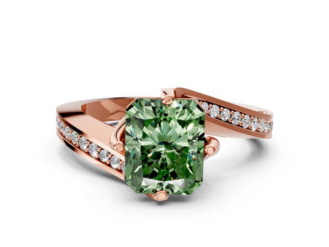 Rose gold Fancy Green Radiant Cut Solitaire Diamond Twist Band with Pavé Setting and Four-Prong Setting