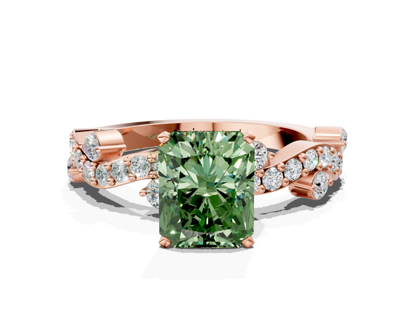 Rose gold Fancy Green Radiant  Cut Solitaire Diamond Twisted Band with Pave Setting