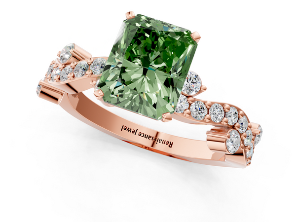 Rose gold Fancy Green Radiant  Cut Solitaire Diamond Twisted Band with Pave Setting