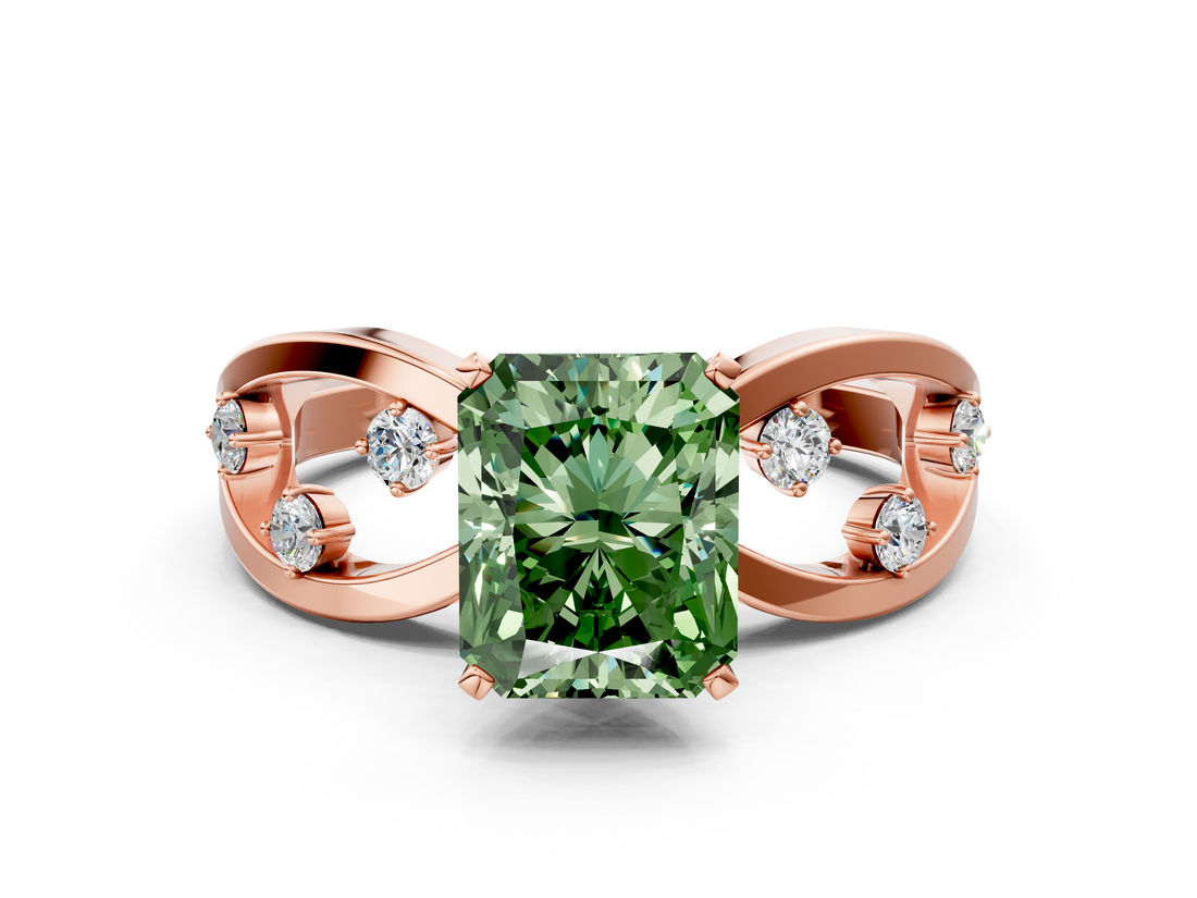 Rose gold Fancy Green Radiant  Cut Solitaire Diamond with Side Stones on Criss-Cross Band and Four-Prong Setting_3