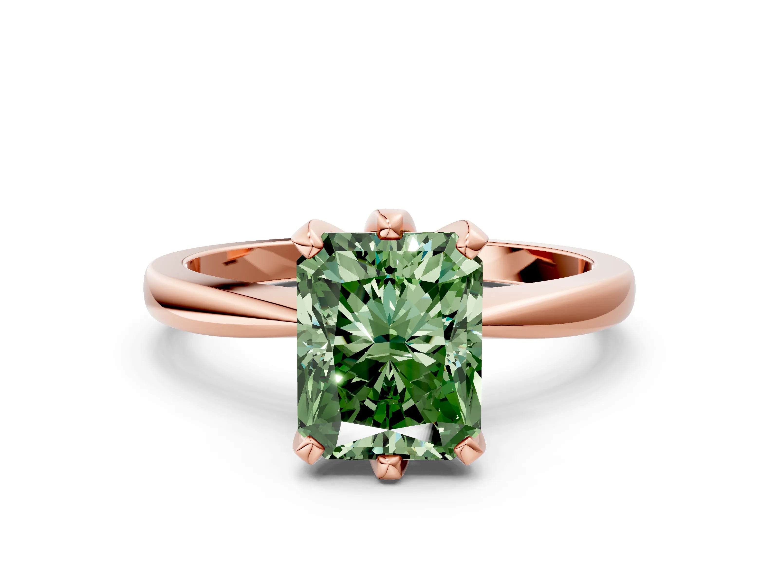 Rose gold Fancy Green Radiant Cut Solitaire Engagement Ring with Six-Prong Setting and Tapered Band