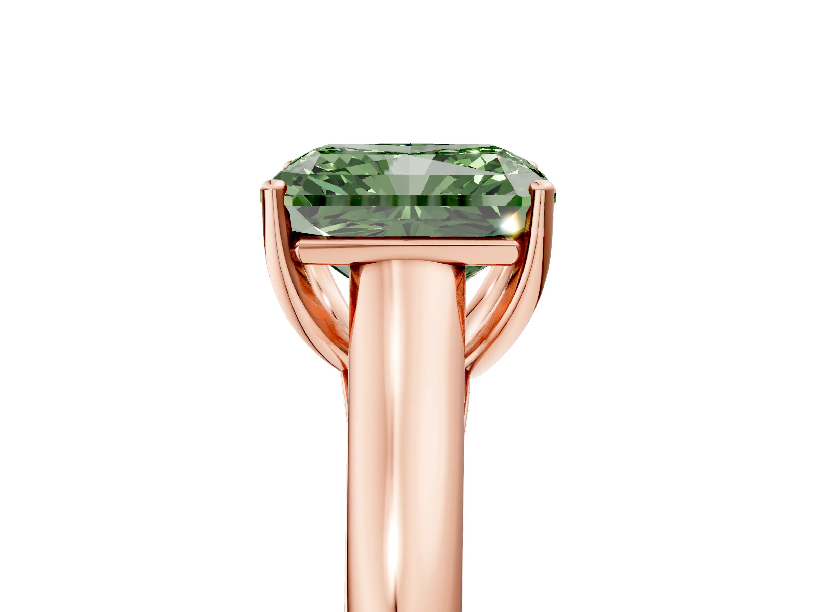 Rose gold Fancy Green Radiant Cut Solitaire Engagement Ring with Tapered Band and Four-Prong Setting_8