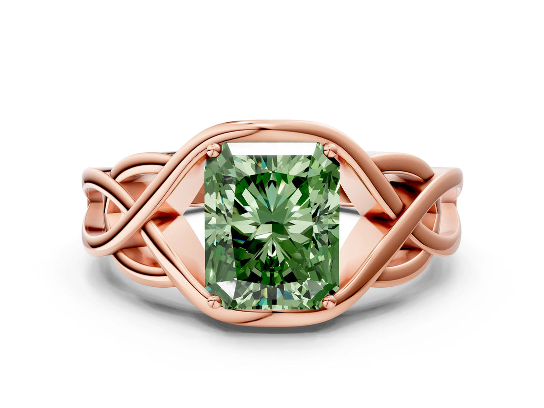 Rose gold Fancy Green Radiant Cut Solitaire Intertwined Band Prong Setting Ring