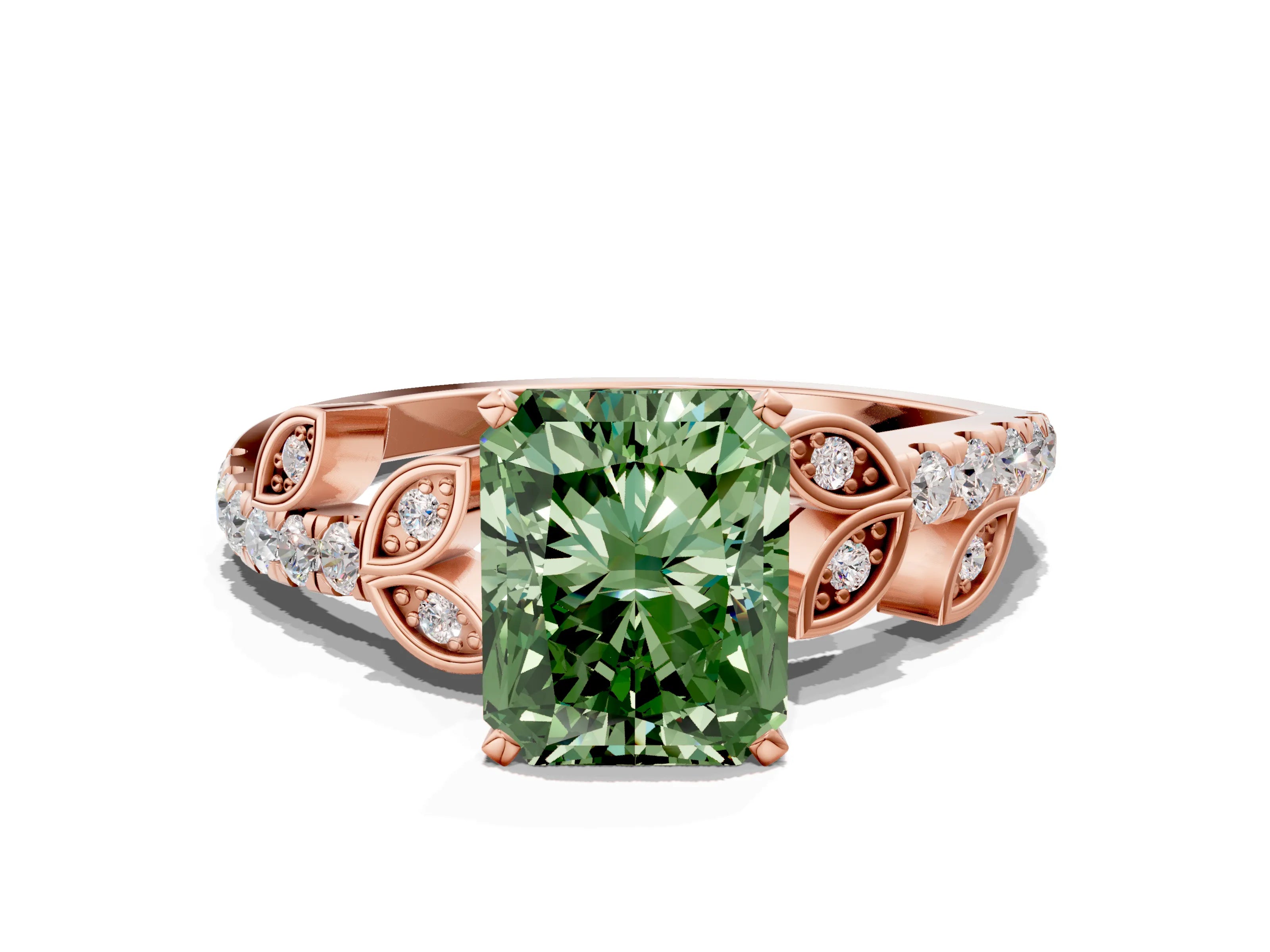 Rose gold Fancy Green Radiant Cut Solitaire Leaf-Inspired Diamond Ring with Pavé Band and Four-Prong Setting