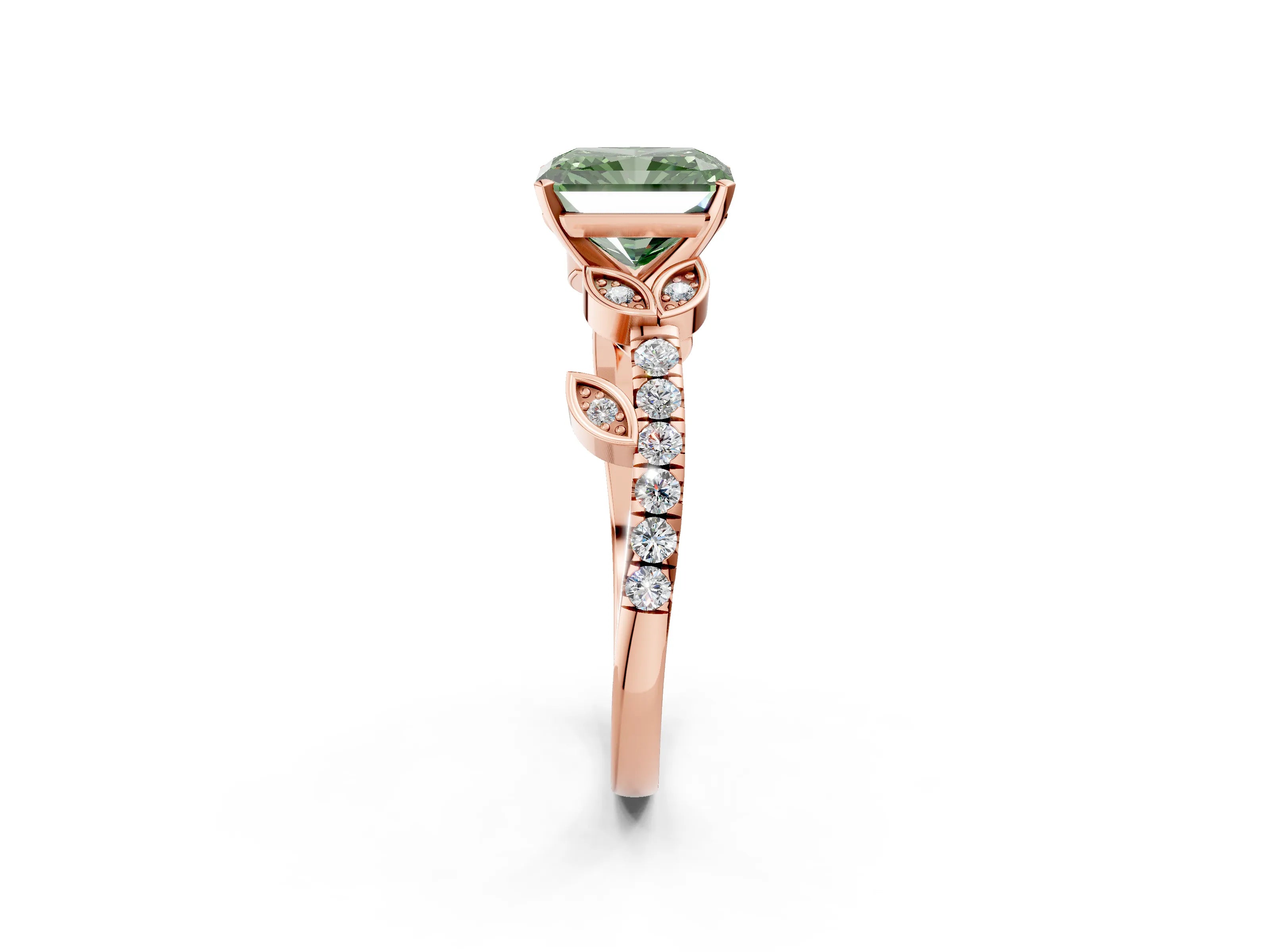 Rose gold Fancy Green Radiant Cut Solitaire Leaf-Inspired Diamond Ring with Pavé Band and Four-Prong Setting_2
