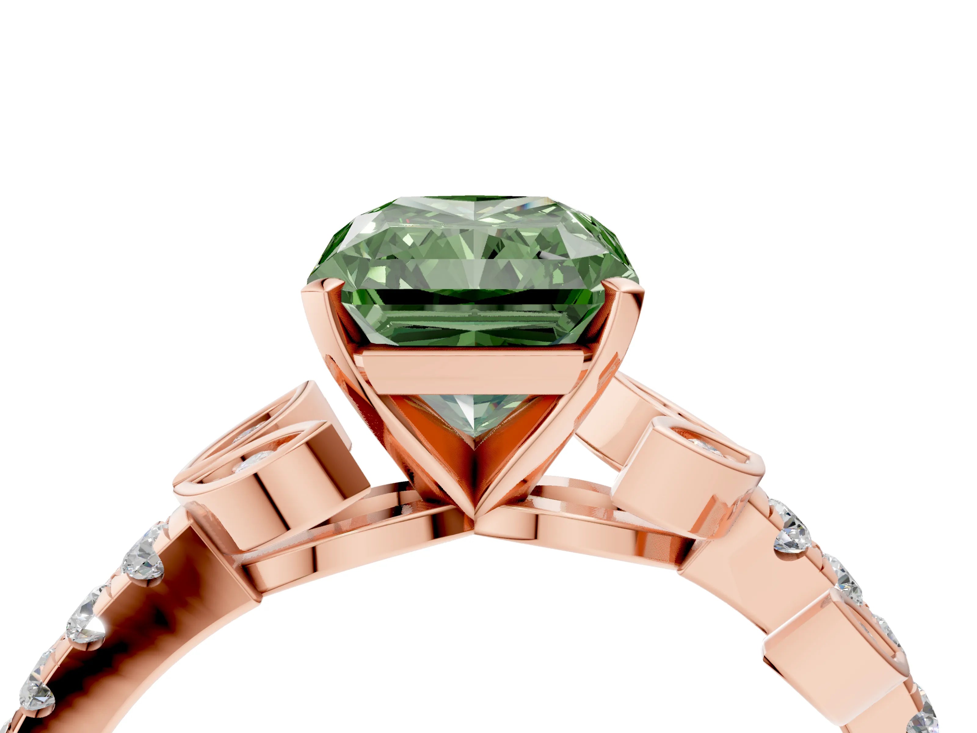 Rose gold Fancy Green Radiant Cut Solitaire Leaf-Inspired Diamond Ring with Pavé Band and Four-Prong Setting_4