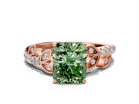 Rose gold Fancy Green Radiant Cut Solitaire Leaf-Inspired Diamond Ring with Pavé Band and Four-Prong Setting