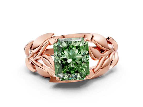 Rose gold Fancy Green Radiant Cut Solitaire Leaf-Inspired Engagement Ring with Prong Setting