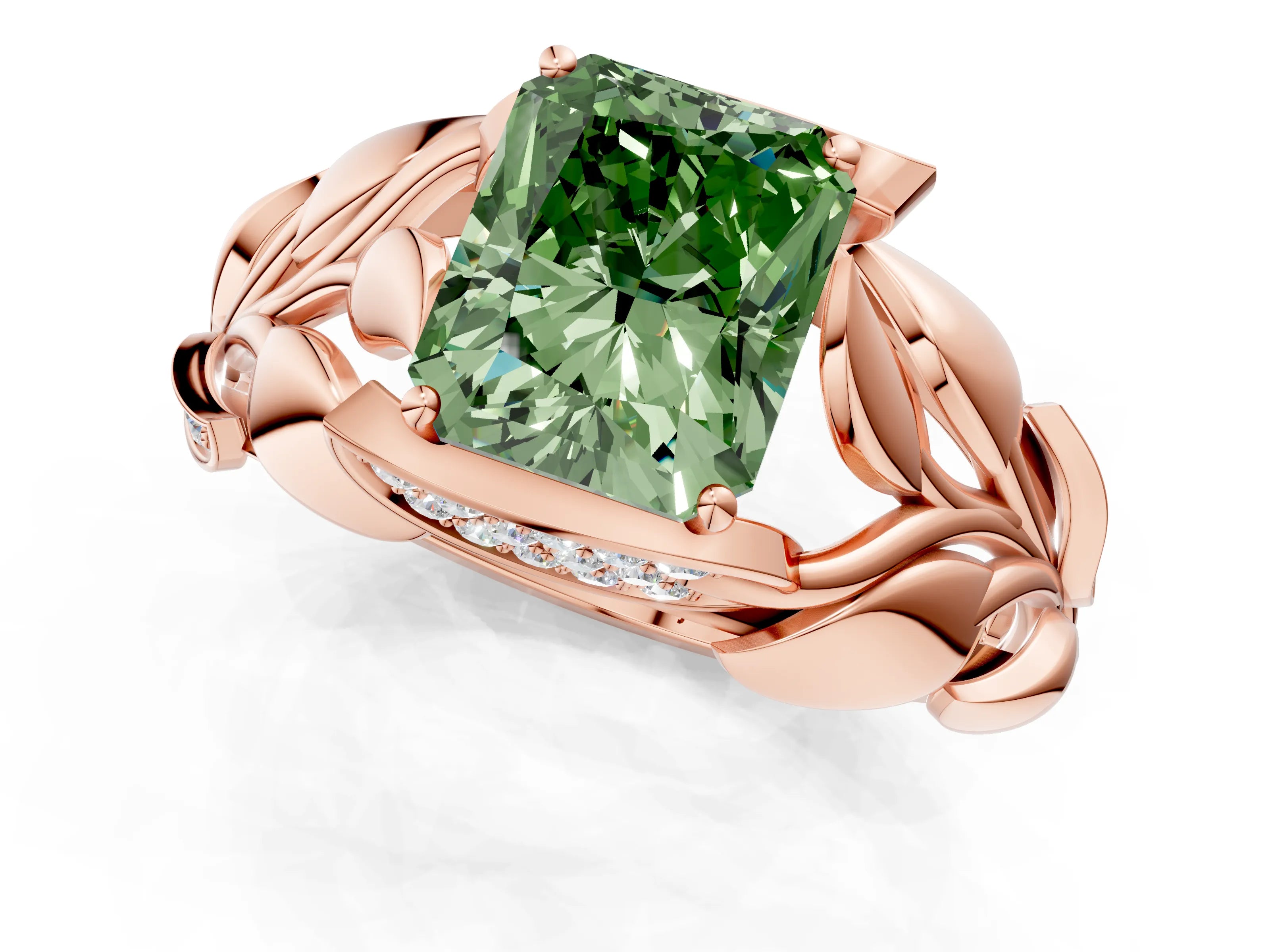 Rose gold Fancy Green Radiant Cut Solitaire Leaf-Inspired Engagement Ring with Prong Setting_1