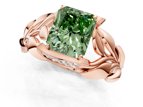 Rose gold Fancy Green Radiant Cut Solitaire Leaf-Inspired Engagement Ring with Prong Setting_1