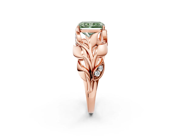 Rose gold Fancy Green Radiant Cut Solitaire Leaf-Inspired Engagement Ring with Prong Setting