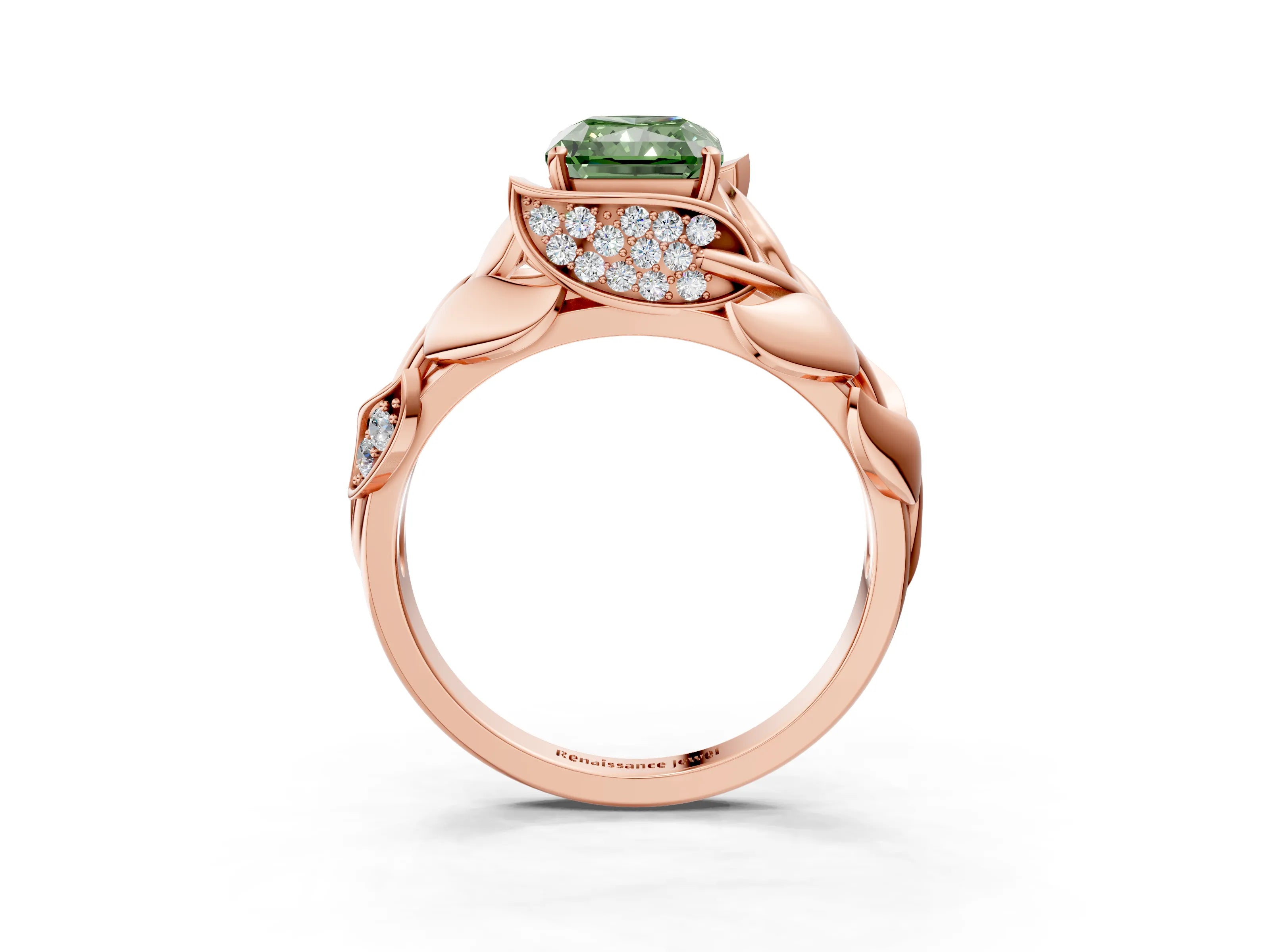 Rose gold Fancy Green Radiant Cut Solitaire Leaf-Inspired Engagement Ring with Prong Setting_3
