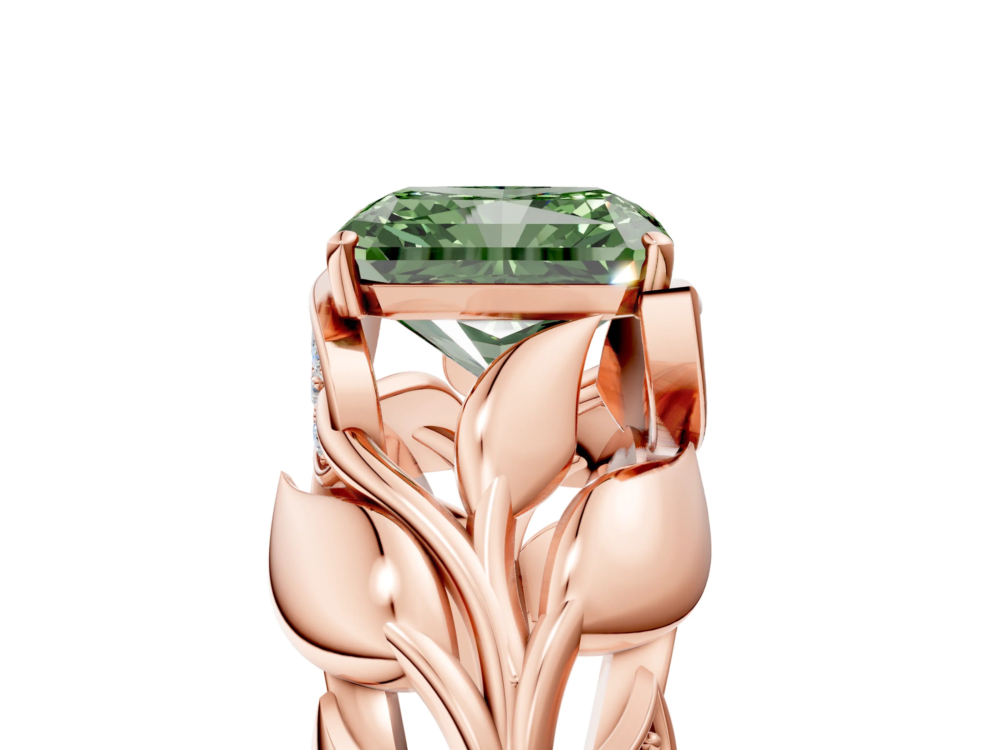 Rose gold Fancy Green Radiant Cut Solitaire Leaf-Inspired Engagement Ring with Prong Setting_5