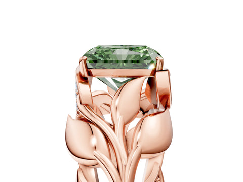 Rose gold Fancy Green Radiant Cut Solitaire Leaf-Inspired Engagement Ring with Prong Setting_5