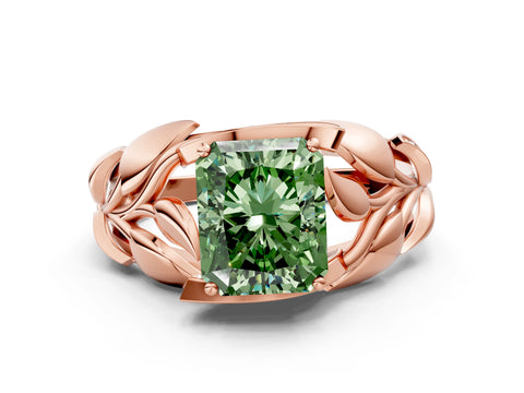 Rose gold Fancy Green Radiant Cut Solitaire Leaf-Inspired Engagement Ring with Prong Setting