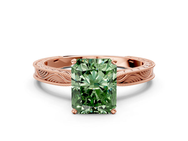 Rose gold Fancy Green Radiant Cut Solitaire Milgrain Engraved Band with Four-Prong Setting