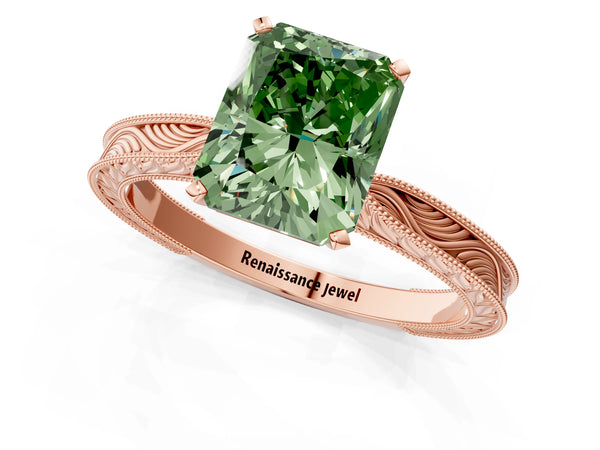 Rose gold Fancy Green Radiant Cut Solitaire Milgrain Engraved Band with Four-Prong Setting