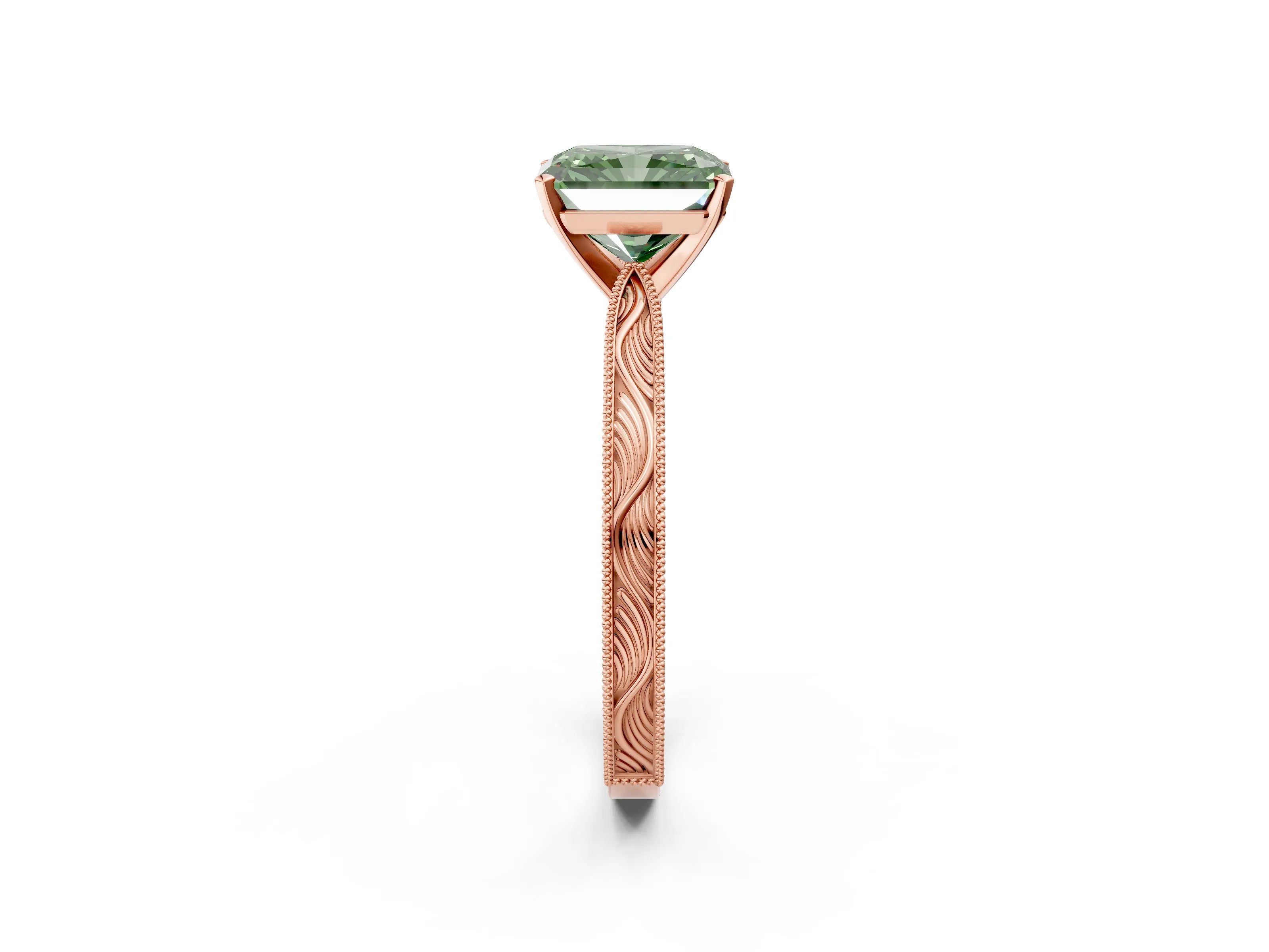 Rose gold Fancy Green Radiant Cut Solitaire Milgrain Engraved Band with Four-Prong Setting_2