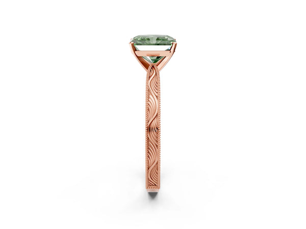 Rose gold Fancy Green Radiant Cut Solitaire Milgrain Engraved Band with Four-Prong Setting