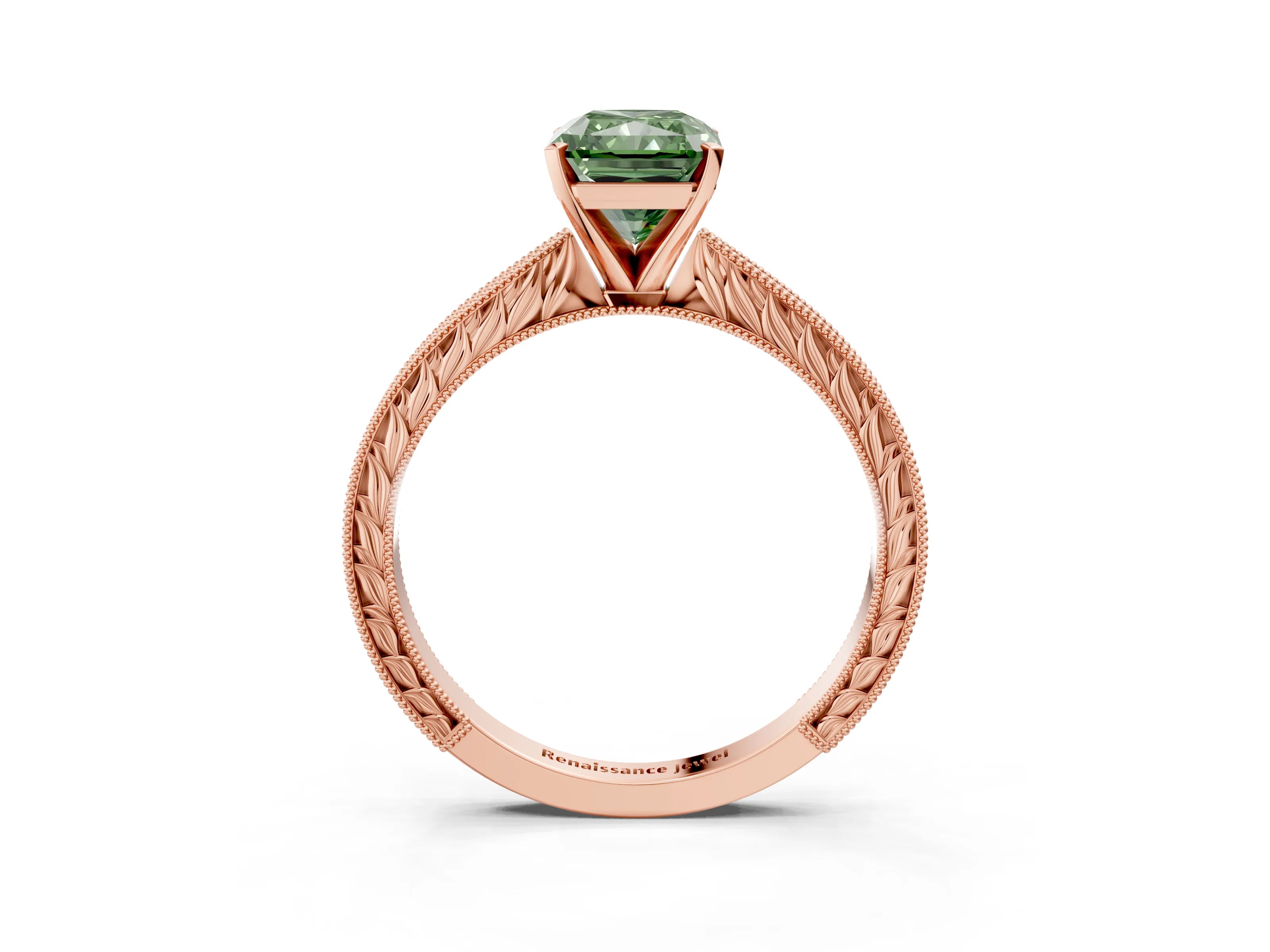 Rose gold Fancy Green Radiant Cut Solitaire Milgrain Engraved Band with Four-Prong Setting_3