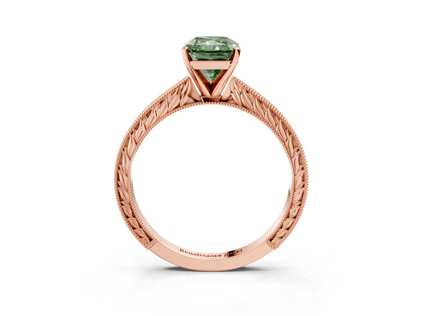 Rose gold Fancy Green Radiant Cut Solitaire Milgrain Engraved Band with Four-Prong Setting