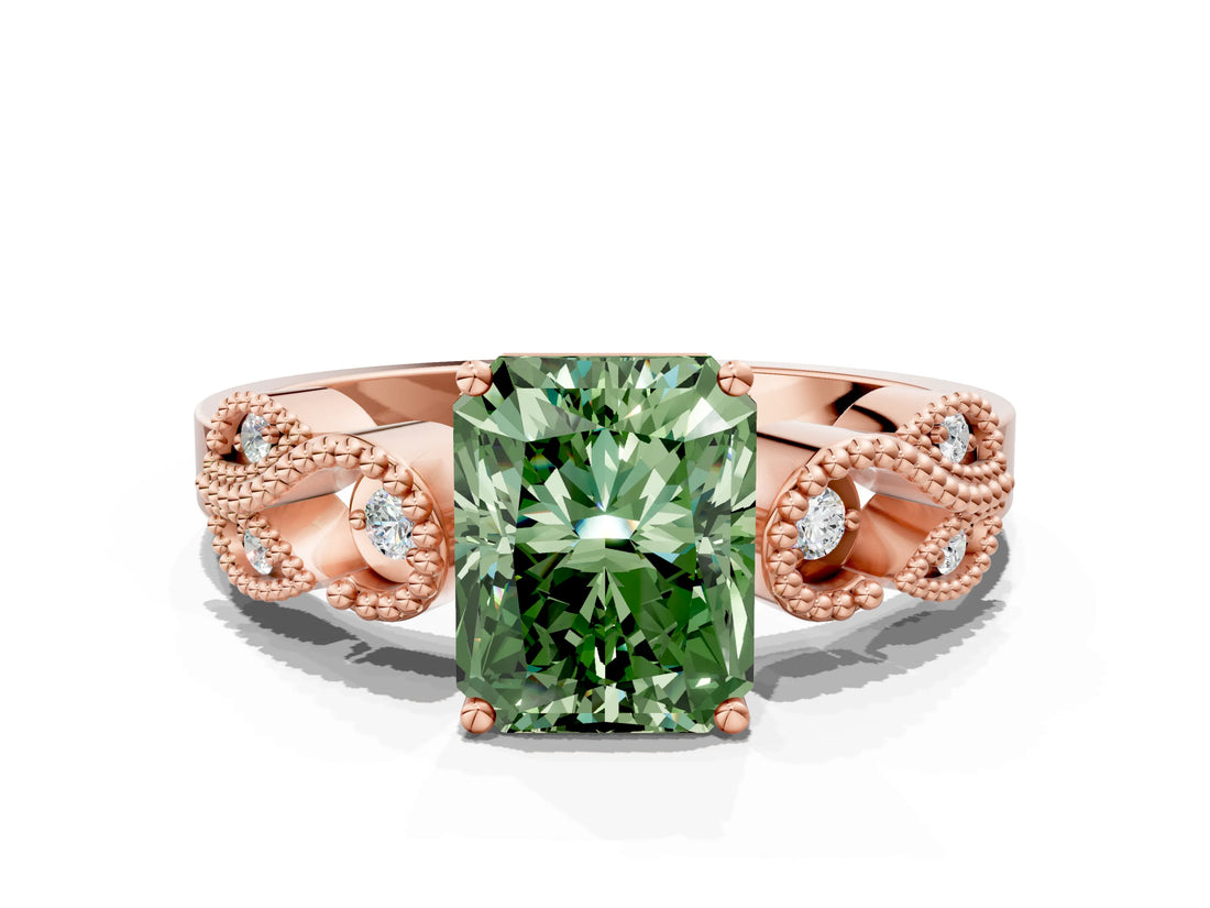 Rose gold Fancy Green Radiant Cut Solitaire Milgrain Leaf Band with Prong Setting