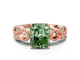 Rose gold Fancy Green Radiant Cut Solitaire Milgrain Leaf Band with Prong Setting