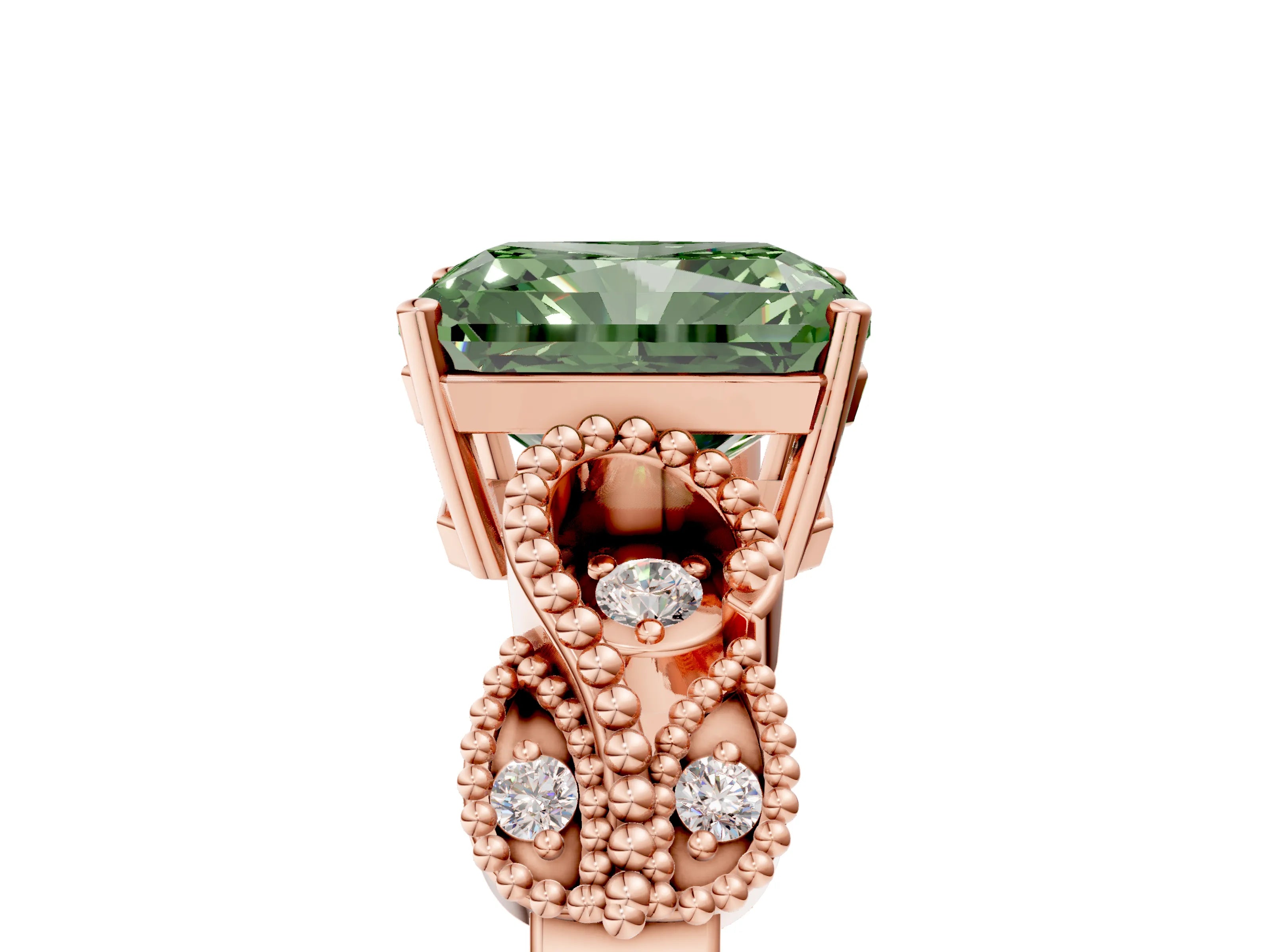 Rose gold Fancy Green Radiant Cut Solitaire Milgrain Leaf Band with Prong Setting_5