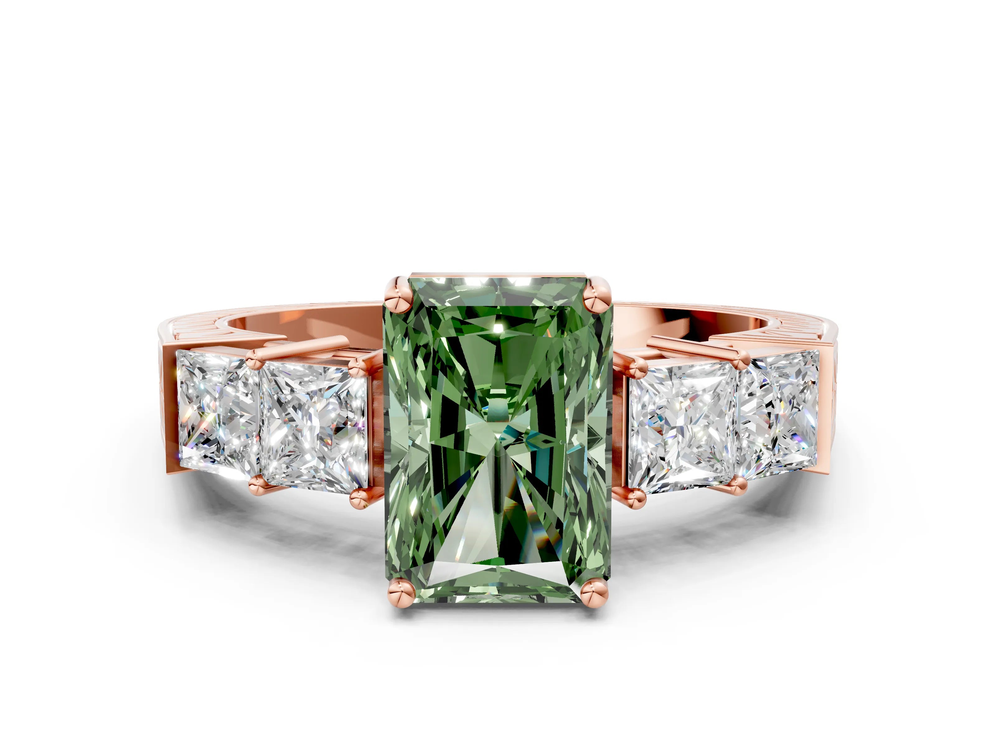 Rose gold Fancy Green Radiant Cut Solitaire Princess Side Stone Engraved Band Prong Setting Ring
