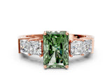Rose gold Fancy Green Radiant Cut Solitaire Princess Side Stone Engraved Band Prong Setting Ring