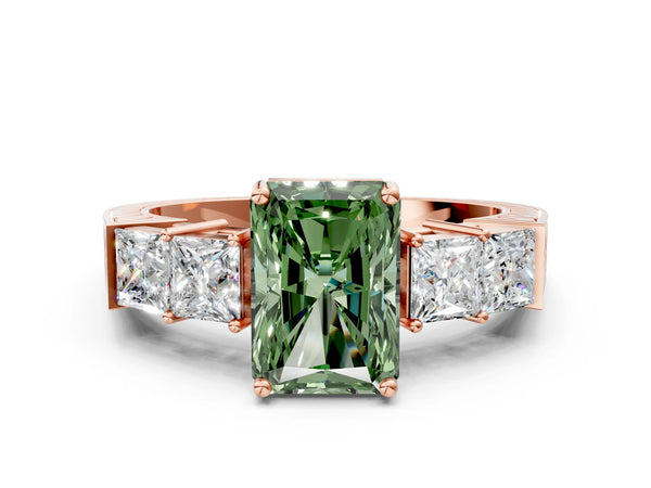 Rose gold Fancy Green Radiant Cut Solitaire Princess Side Stone Engraved Band Prong Setting Ring