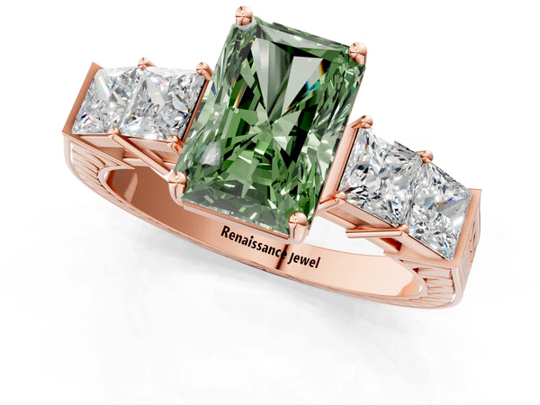 Rose gold Fancy Green Radiant Cut Solitaire Princess Side Stone Engraved Band Prong Setting Ring