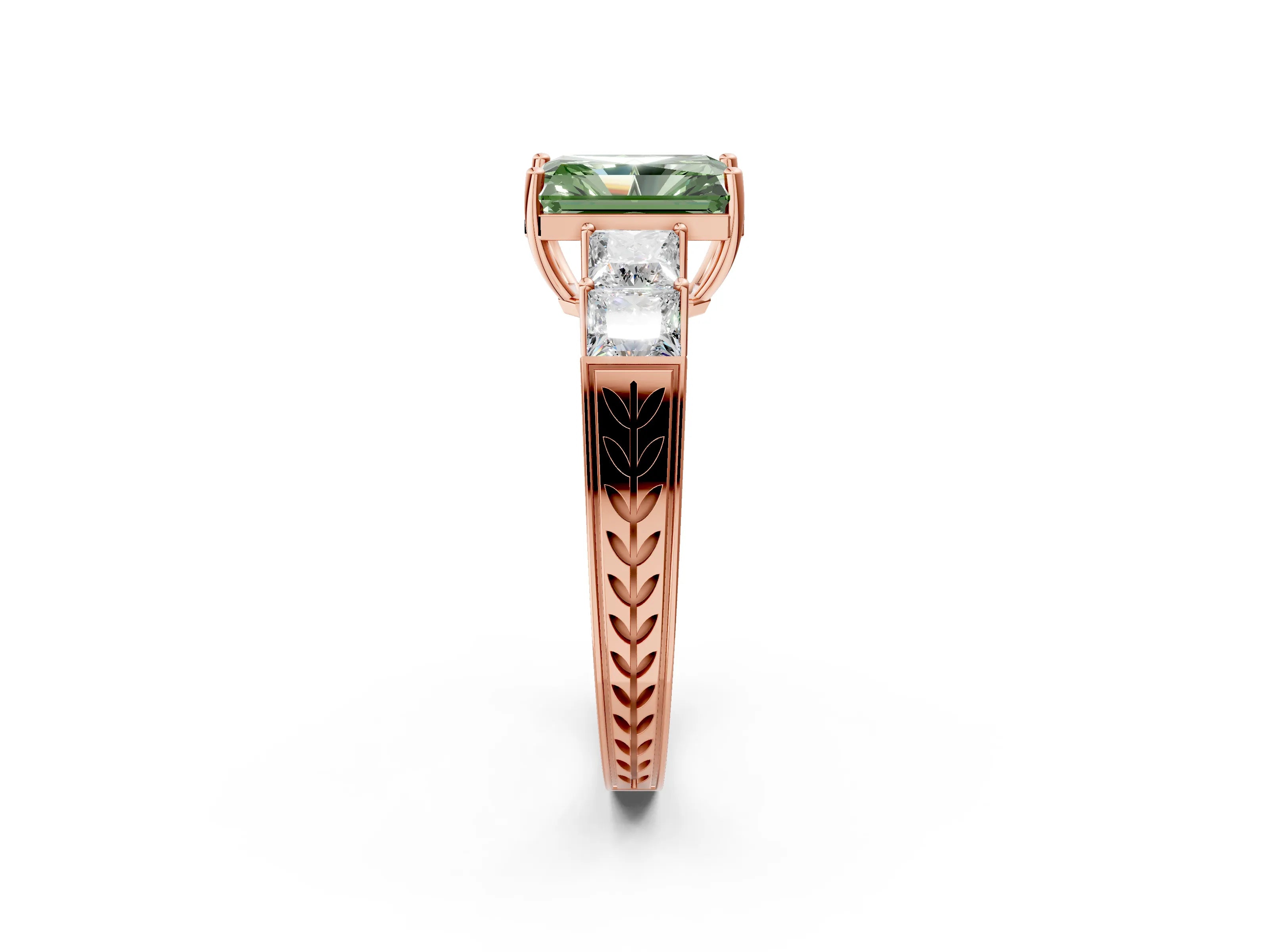 Rose gold Fancy Green Radiant Cut Solitaire Princess Side Stone Engraved Band Prong Setting Ring_2