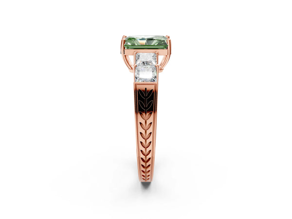 Rose gold Fancy Green Radiant Cut Solitaire Princess Side Stone Engraved Band Prong Setting Ring