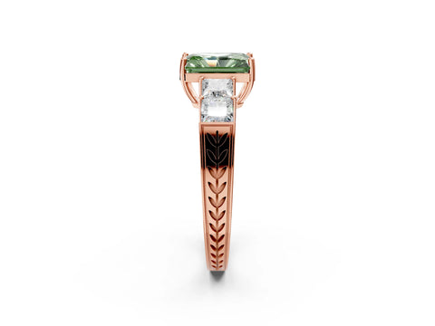 Rose gold Fancy Green Radiant Cut Solitaire Princess Side Stone Engraved Band Prong Setting Ring_2
