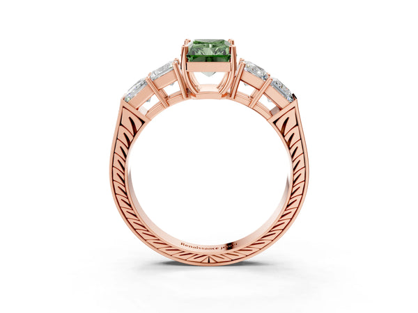 Rose gold Fancy Green Radiant Cut Solitaire Princess Side Stone Engraved Band Prong Setting Ring