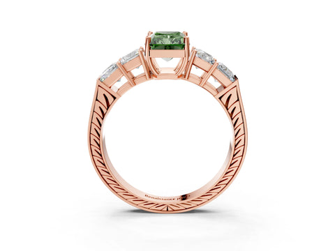 Rose gold Fancy Green Radiant Cut Solitaire Princess Side Stone Engraved Band Prong Setting Ring_3