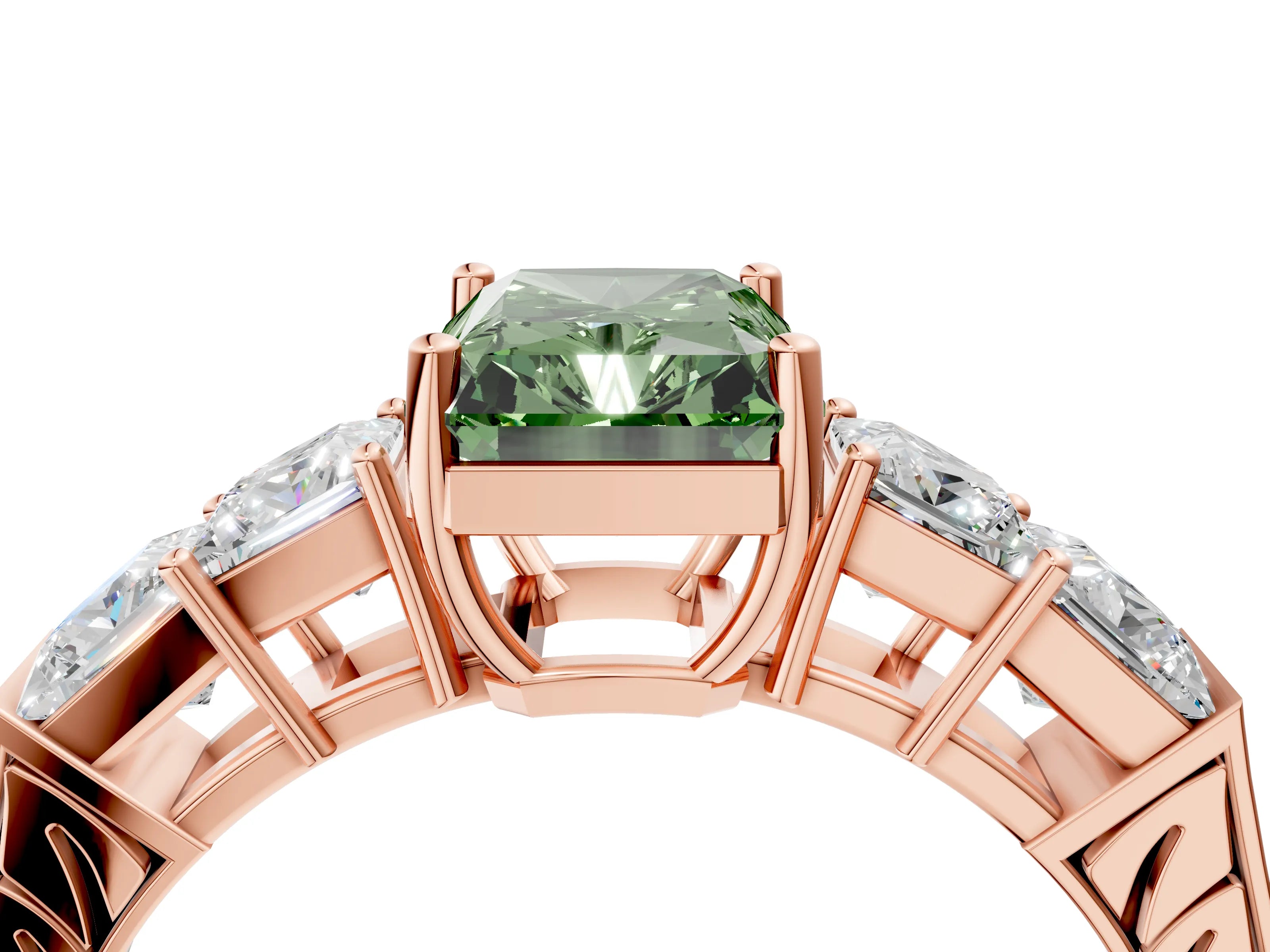 Rose gold Fancy Green Radiant Cut Solitaire Princess Side Stone Engraved Band Prong Setting Ring_4