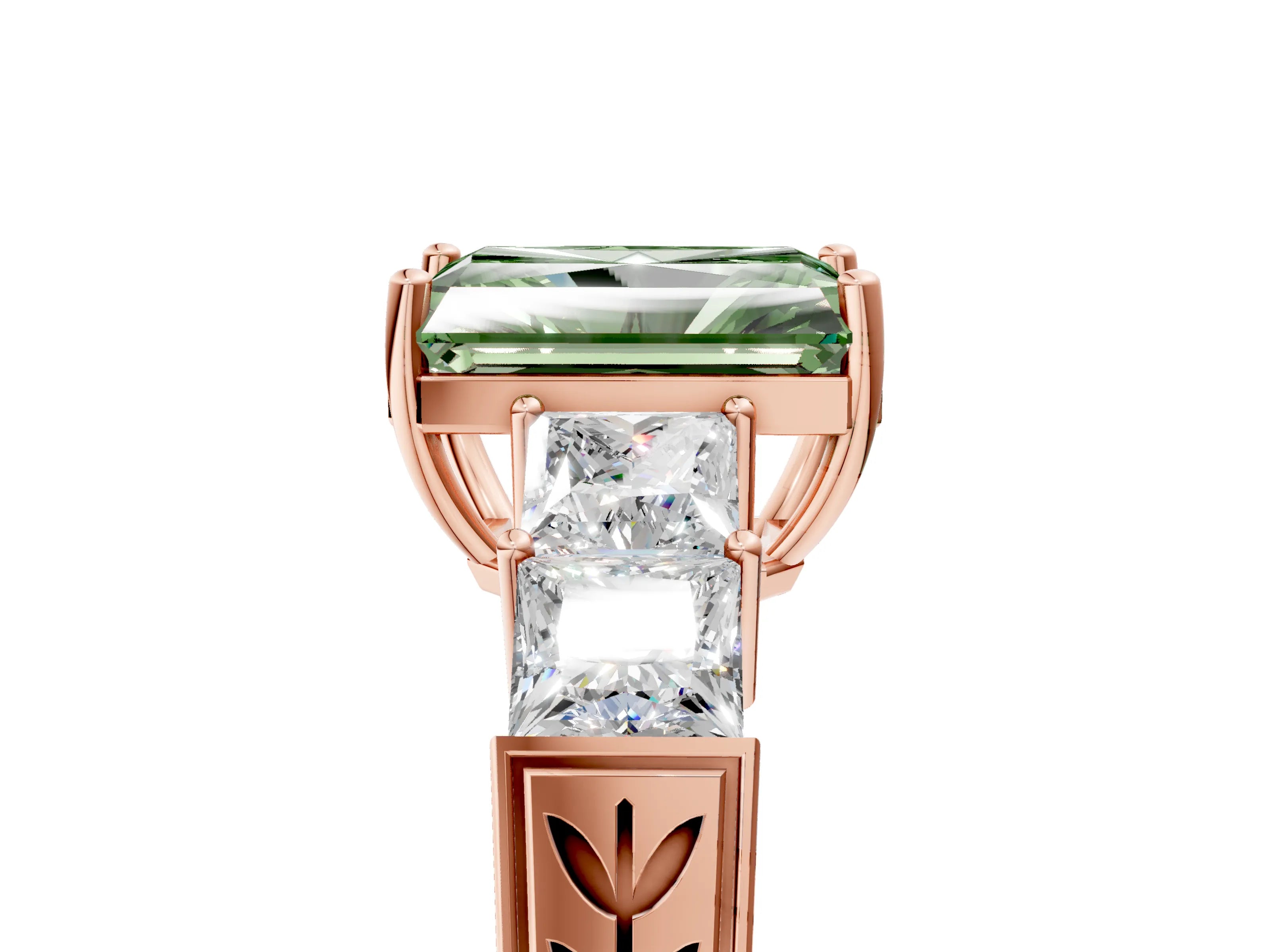 Rose gold Fancy Green Radiant Cut Solitaire Princess Side Stone Engraved Band Prong Setting Ring_5