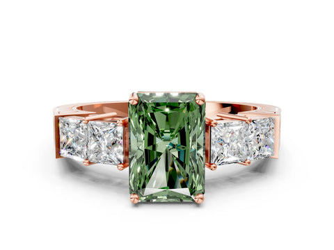Rose gold Fancy Green Radiant Cut Solitaire Princess Side Stone Engraved Band Prong Setting Ring