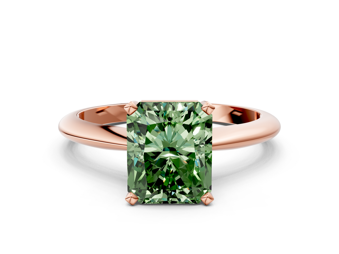 Rose gold Fancy Green Radiant  Cut Solitaire Ring with Four-Prong Setting on a Classic Band_25