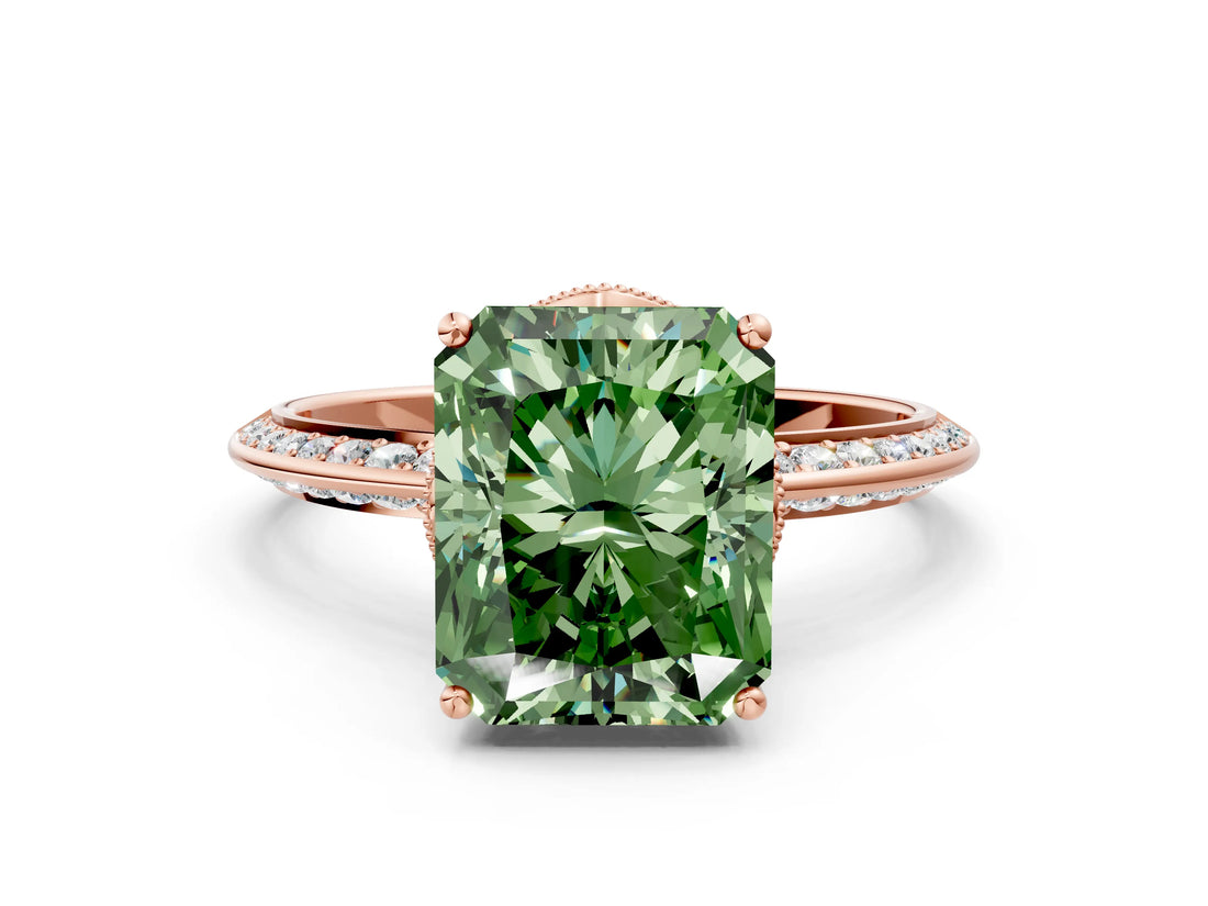 Rose gold Fancy Green Radiant Cut Solitaire Split Shank Pave Diamond Engagement Ring with Four-Prong Setting