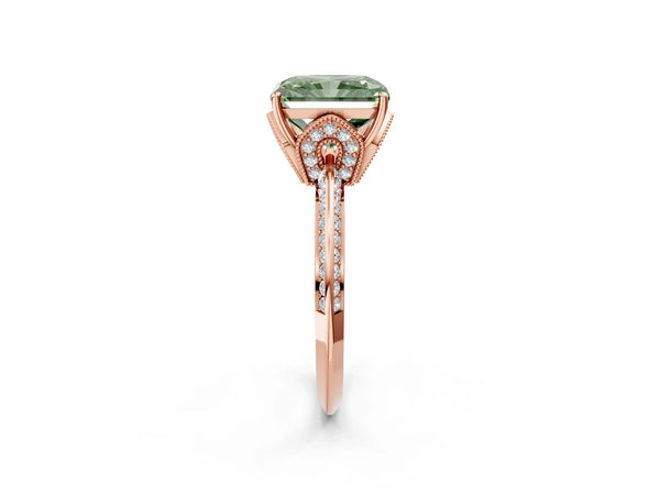 Rose Gold Radiant Cut Graduated Pave Engagement Ring Setting for Fancy Green Center