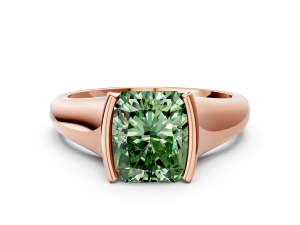 Rose gold Fancy Green Radiant Cut Solitaire Tension Set Diamond Ring with Split Shank Band