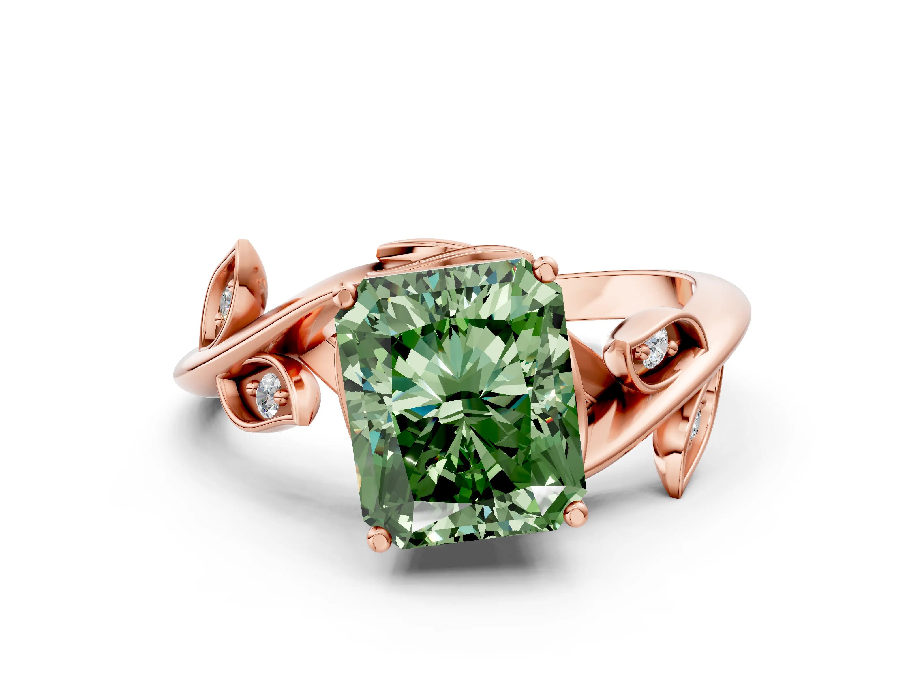 Rose gold Fancy Green Radiant Cut Solitaire Twist Engagement Ring with Leaf Accents and Prong Setting_12