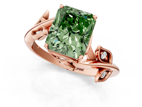 Rose gold Fancy Green Radiant Cut Solitaire Twist Engagement Ring with Leaf Accents and Prong Setting_13