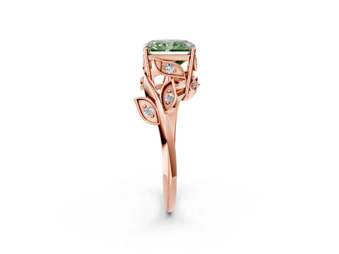 Rose gold Fancy Green Radiant Cut Solitaire Twist Engagement Ring with Leaf Accents and Prong Setting_14