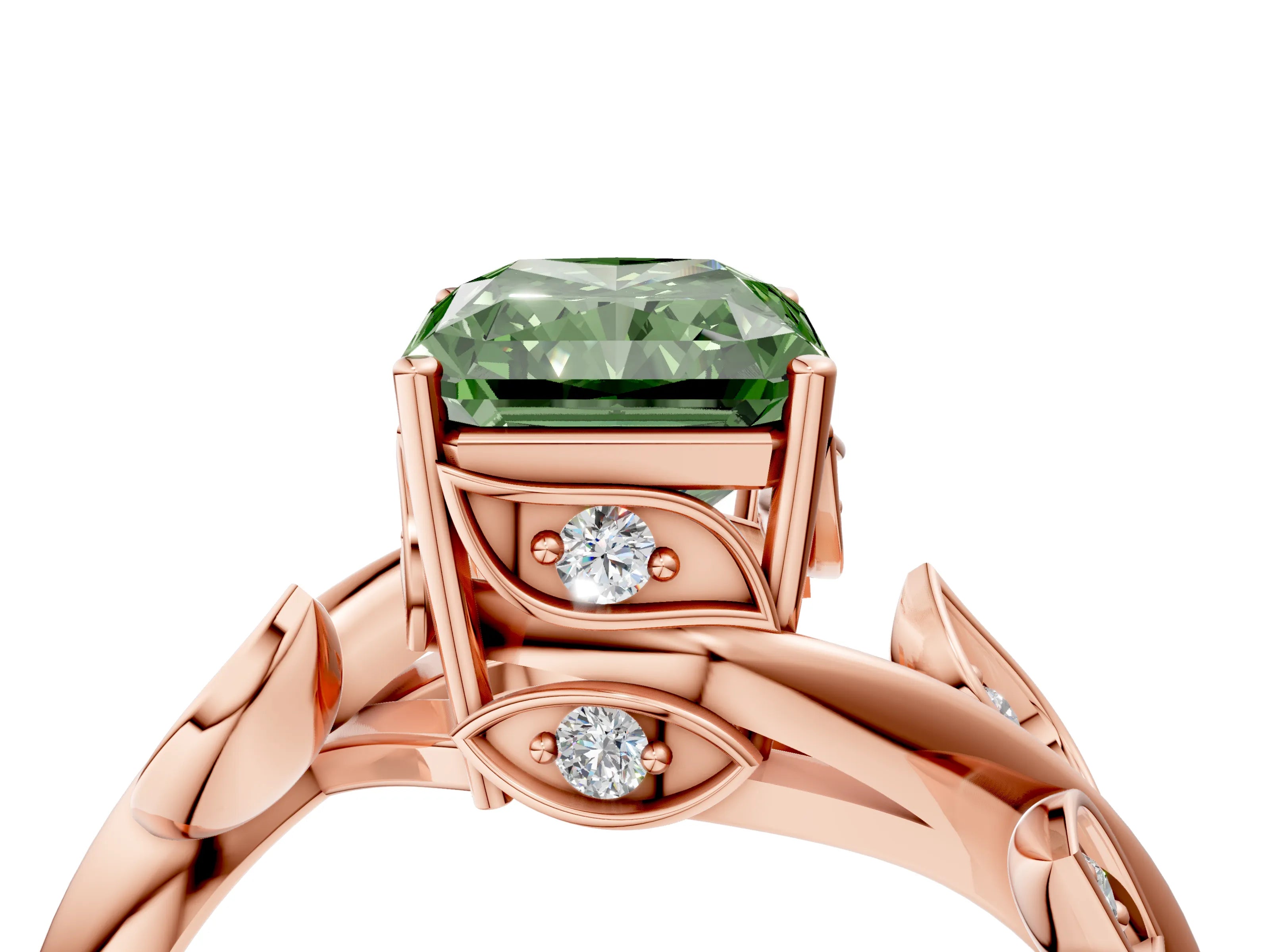 Rose gold Fancy Green Radiant Cut Solitaire Twist Engagement Ring with Leaf Accents and Prong Setting_16