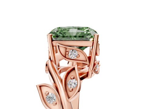 Rose gold Fancy Green Radiant Cut Solitaire Twist Engagement Ring with Leaf Accents and Prong Setting_17